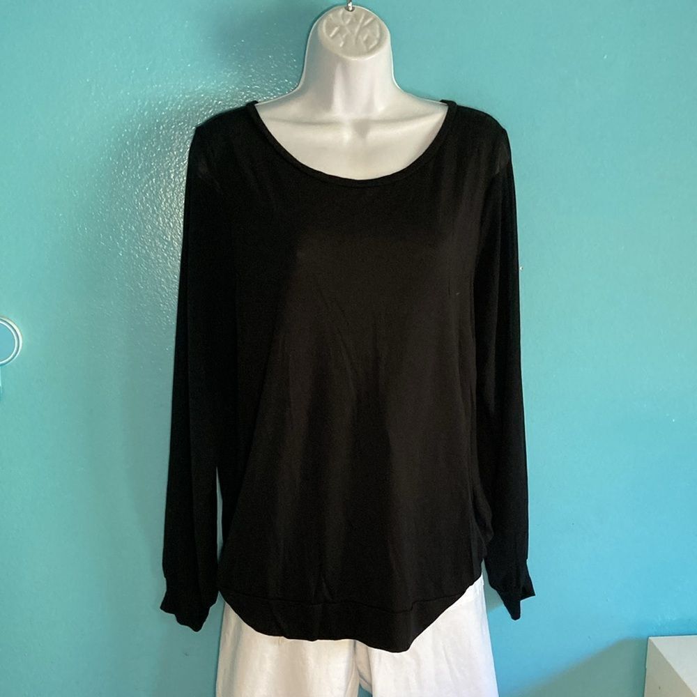 Haute Hippie Size L Black Modal Pullover Top Sheer Sleeve